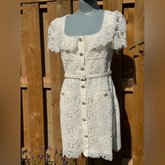 🆕 SELF-PORTRAIT 🧿 NWT Cream Guipure Lace Belted Mini Dress, Sz UK 12 US 8 - Picture 3 of 16